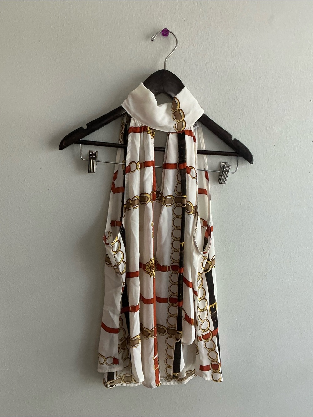 New York & Company White Halter Blouse with Gold Chain and Rust Stripe Print